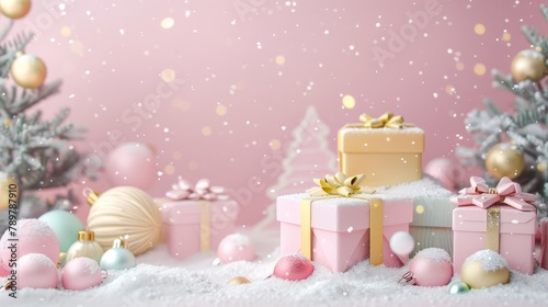 Dreamy Christmas arrangement with pastel-colored gifts, deep yellow trinkets, and snow, on a light pink background