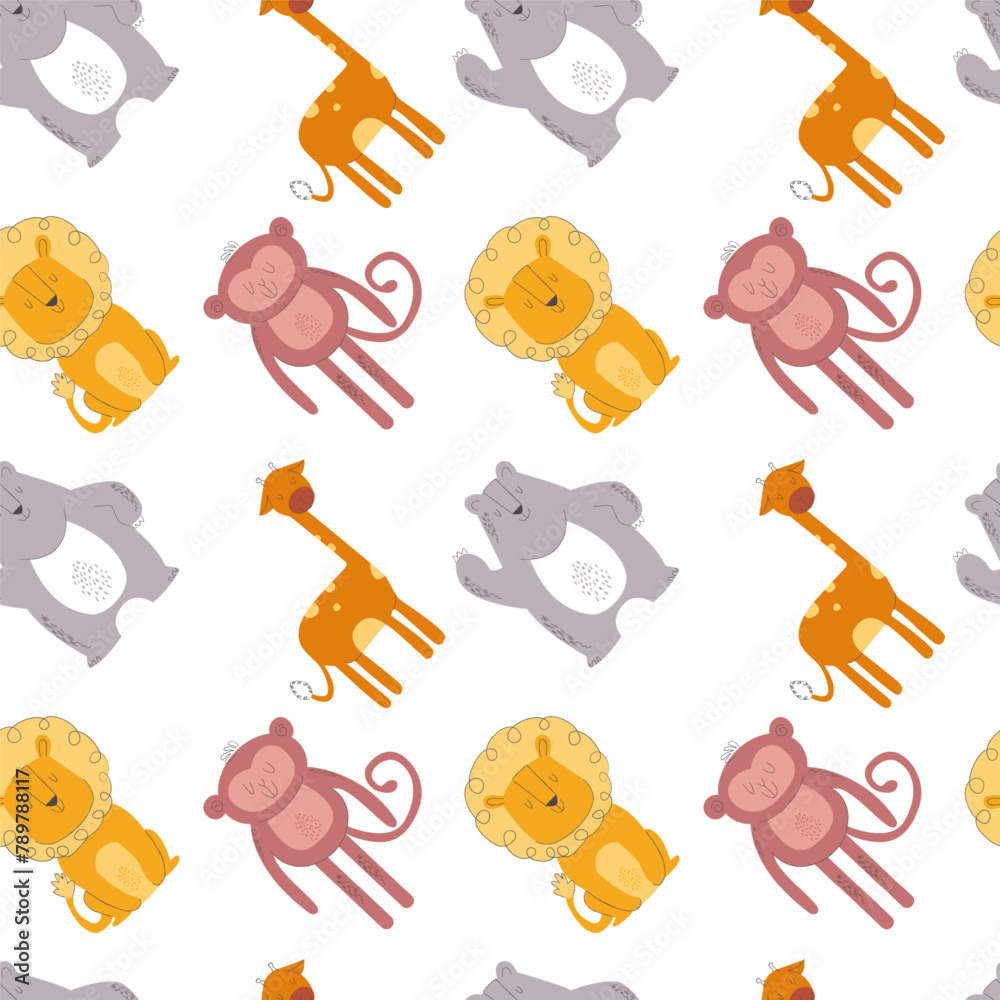 Seamless Pattern featuring adorable giraffes, lions, and monkeys in a ...