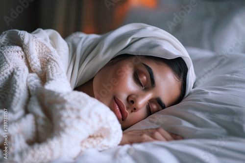 Arab woman sleeping peacefully in the bedroom of a luxury hotel