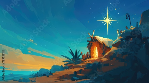 2d illustration of a solitary Christmas sickle adorned with a star in a Nativity scene