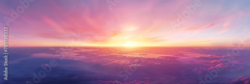 overhead view of The blush of dawn painting the horizon with hues of pink and gold, signaling the promise of a new day, hyperrealistic travel photography, copy space for writing photo