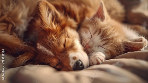 A dog and a cat sleeping together on a blanket