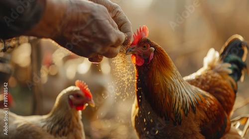 A farmer is feeding chickens in the morning light. photo