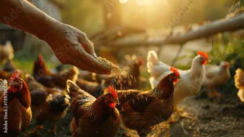 A farmer is feeding chickens in the morning light. photo