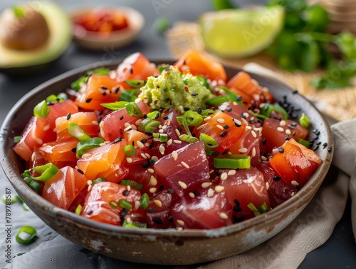 Poke Bowl Ahi Tuna Salmon Scallop Hawaiian Hawaii Rice Food Dinner Background Image