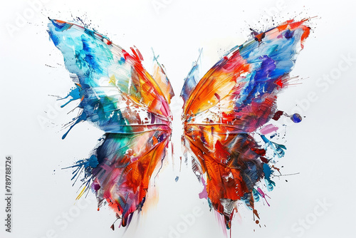 An artistic representation of a butterfly logo, its wings painted in a tapestry of vibrant and contrasting shades, set against a clean white canvas. © Usama