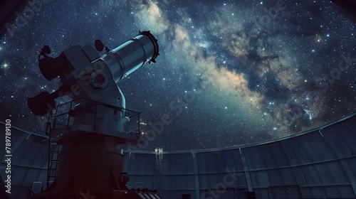 Astronomical Telescope Poised for Stargazing in an Observatory Against the Milky Way
