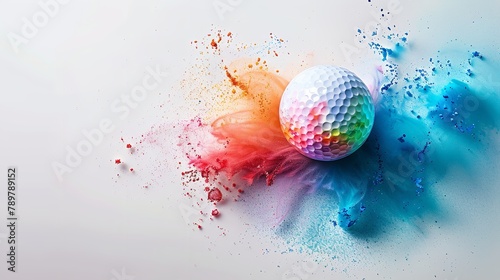 An illustration of golf ball with multicolor splashes with a clean white backdrop and a big space for text or sports product advertisement backdrop, Generative AI.