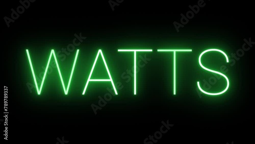 Flickering neon green glowing watts text animated on black background photo