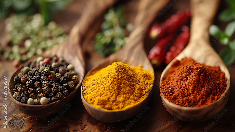 various types of spices on wooden spoon