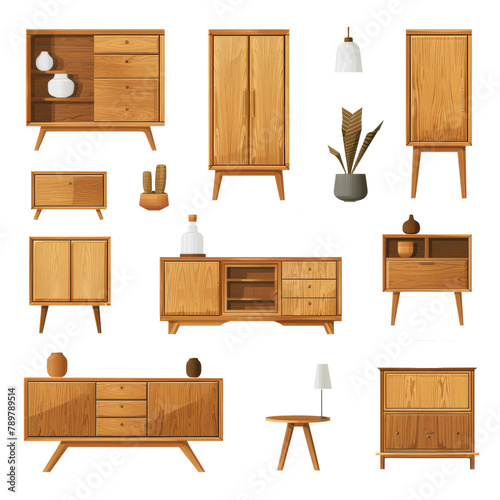 A collection of wooden furniture pieces, including tables, nightstands