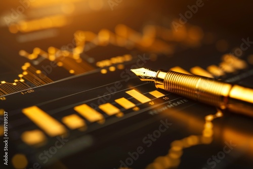 Golden pen writing economic forecasts on a scroll , Representing the prediction and analysis of future economic trends photo