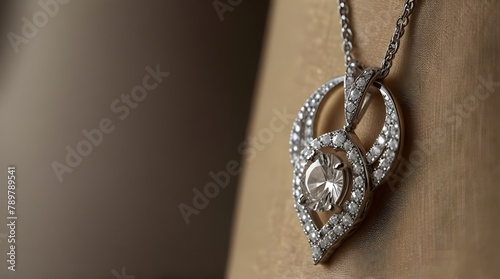 Luxury jewelry, platinum necklace with diamonds on dark silk fabric close-up. Golden necklace.generative.ai