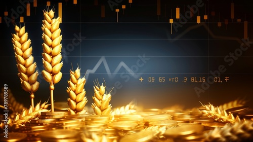 Golden wheat field with a stock market ticker superimposed , Representing the relationship between agricultural commodities and the broader economy photo