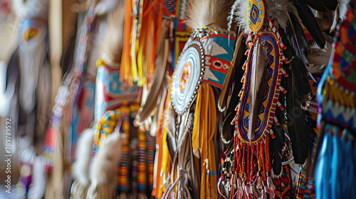 colorful hanging native american feather headdresses, beaded clothing, and moccasins, soft focus with copy space. photo