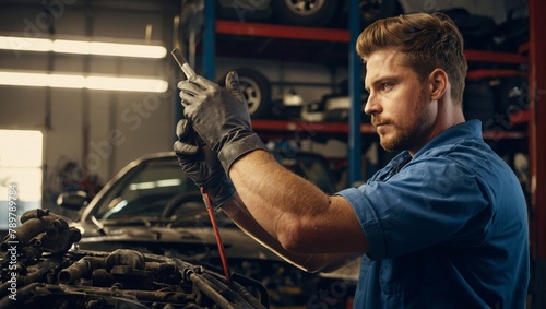 mechanic is repairing car engine photo
