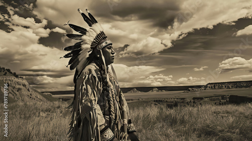 native american man in traditional costume on meadow area with copy space, black and white.