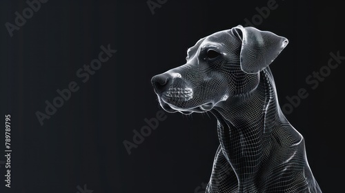 Abstract image of head of the dog in the form of a starry sky or space, consisting of points, lines, and shapes in the form of planets, stars and the universe. AI generated