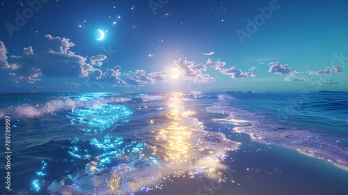 light blue beach covered with colored glowing glass, fluorescent ocean, moonlight, sparkling stars, 3d, ultra wide angle view, aerial view, ling stars moonlight on the ocean photo