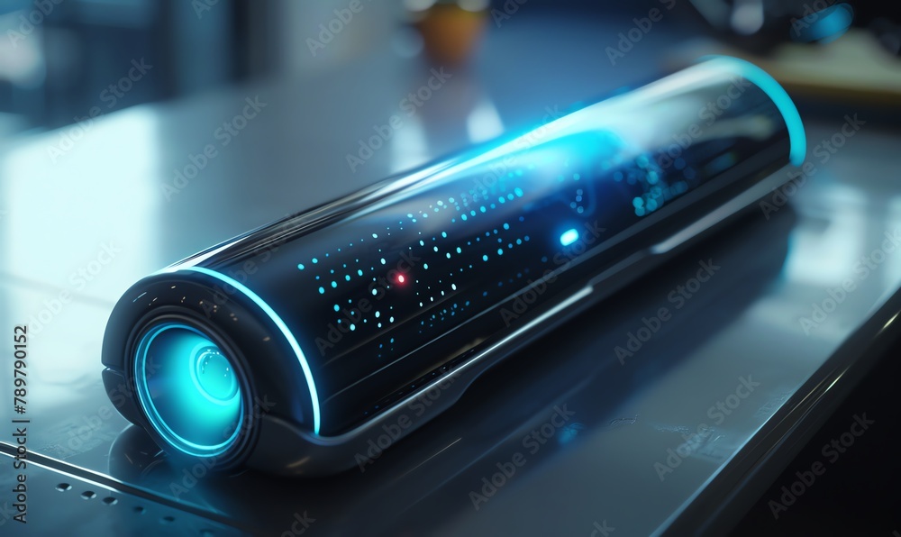 Capture the sleek, futuristic design of a voice recognition device in a digital photorealistic rendering, showcasing its advanced features and user interface Capture the sleek, futuristic design of a voice recognition device in a digital photorealistic rendering, showcasing its advanced features and user interface