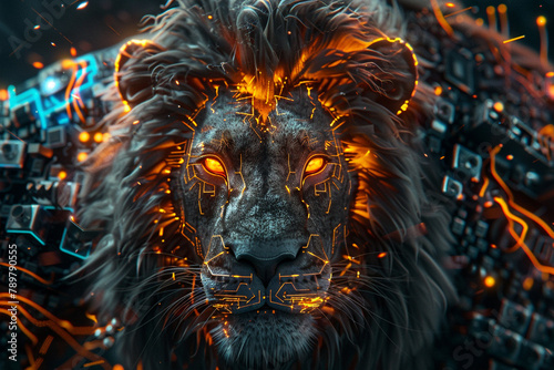 An awe-inspiring blend of a lion's face and an electrifying digital motherboard.