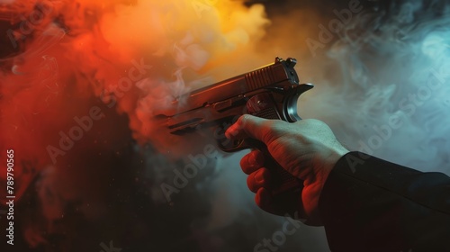 A gloved hand holding a gun in the middle of a red and blue smoke cloud