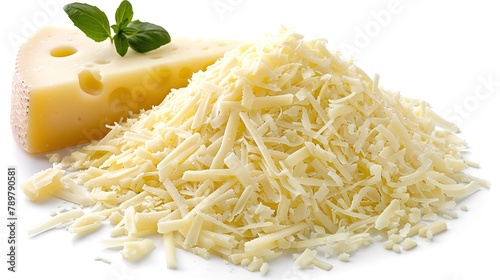 In-depth of an array of grated cheese over a white setting deleterious item for food making and space, Generative AI. photo