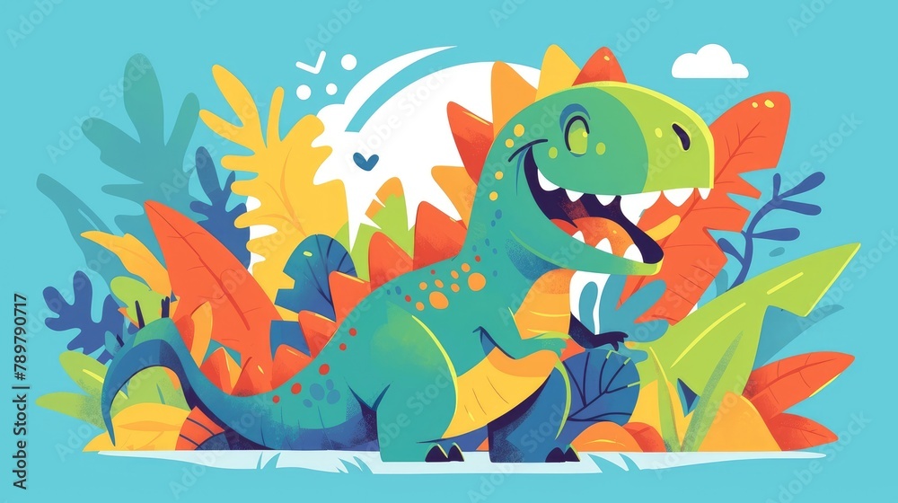 Naklejka premium An amusing and cheerful cartoon illustration of a colorful friendly dinosaur from prehistoric times designed specifically for children is depicted in isolation