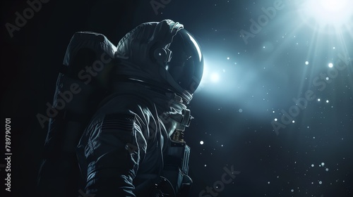 Close shot of astronaut posing in space with a dark backdrop and little white light touching his helmet with a big space for text, Generative AI.