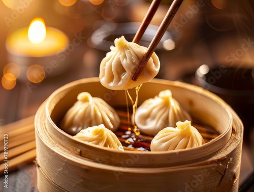 Xiao Long Bao Soup Dumpling Chinese Dinner Bamboo Steamer Chopsticks Background Image