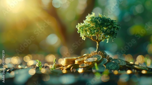 A golden tree growing out of a pile of money. photo