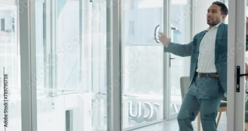 Glass, door and businessman is walking in office with accident, clumsy mistake and fail in meeting. Corporate, workplace and person bump into wall for oops, comic and funny joke after job interview