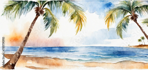 Illustration of tropical beach in daytime. Hand painted watercolor background.