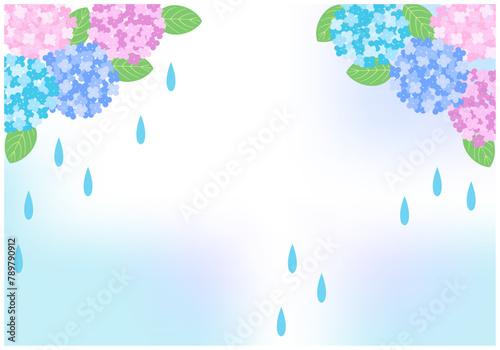 梅雨景色のあじさいフレーム背景13水色グラデーション