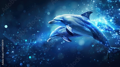dolphins on a bright background with highlights, dots and lights. AI generated © haizah
