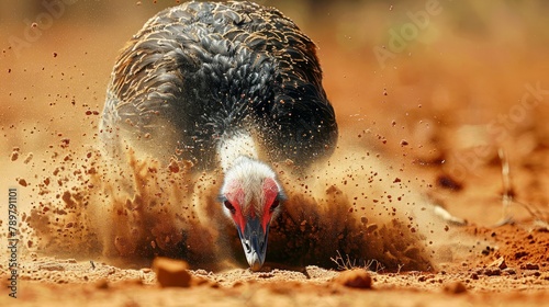 A ground-dwelling bird is digging in the sand. photo