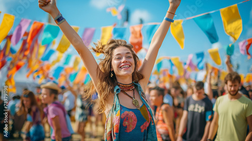 Young woman with arms raised, joyful at outdoor festival. photo
