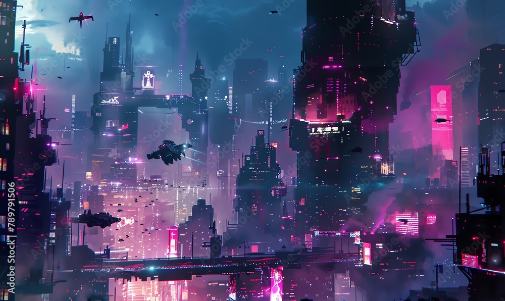 Craft a futuristic cityscape with towering skyscrapers, neon lights, and flying vehicles in a sleek vector art style, evoking a sense of wonder and technological advancement