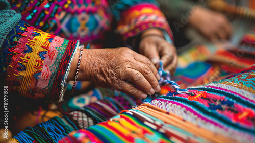 close up native american old woman hands creating traditional weaving crafts with copy space on the right side.
