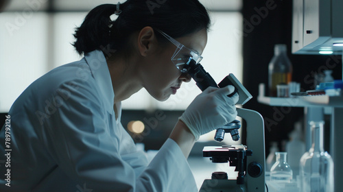 female scientist looking through microscope while working in laboratory.