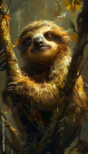 Threetoed sloth hanging from jungle tree branch in painting photo