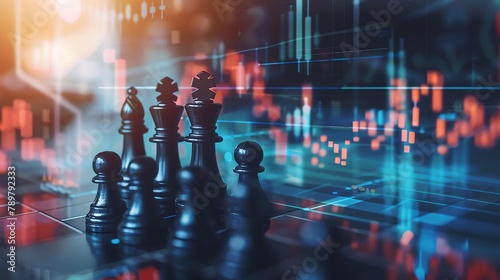 Business Strategy   Visuals representing strategy  planning  chess pieces symbolizing strategic moves  graphs  and analytics