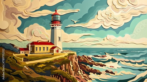 Cape Point lighthouse, artistically depicted in a papercut masterpiece, embodying the rugged charm of South Africas coastline photo