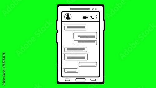 video drawing animation mobile phone chat text messages social media network, drawn in black and white color. On a green chroma key background photo