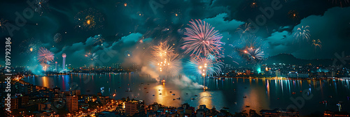 overhead view of Fireworks lighting up the night sky in celebration of a special occasion, hyperrealistic travel photography, copy space for writing