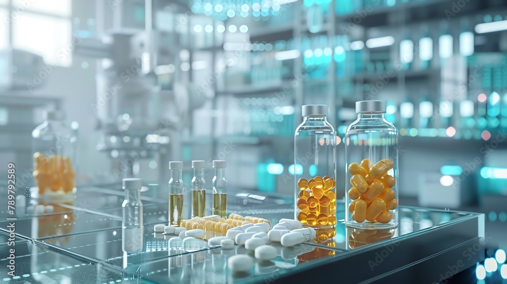 Clinical trial phases visualized through digital models, medication samples in focus, laboratory setting Clinical trial phases visualized through digital models, medication samples in focus, laboratory setting