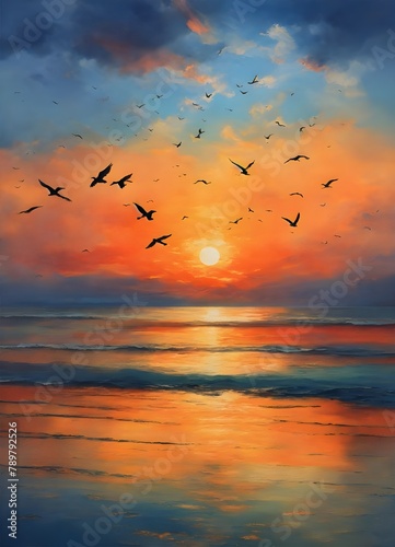 birds flying in sky sunset over the sea