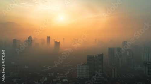 City engulfed by unhealthy air, with streamer tech broadcasting live PM 25 countermeasures photo