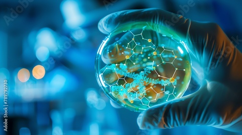 Closeup on hands holding a petri dish with a new pharmaceutical compound, digital molecule overlay photo