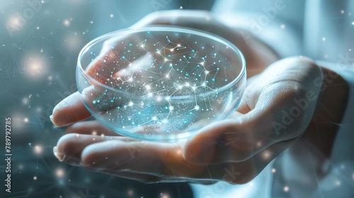 Closeup on hands holding a petri dish with a new pharmaceutical compound, digital molecule overlay